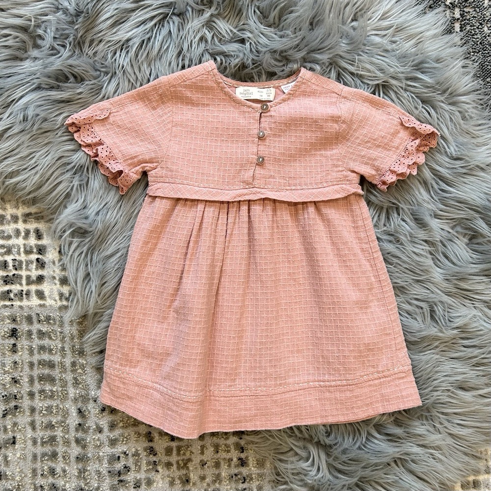 Zara‎ Baby Girls Mauve Dress Size 2/3Y Embroidered-Ruffle-Buttons-Textured
